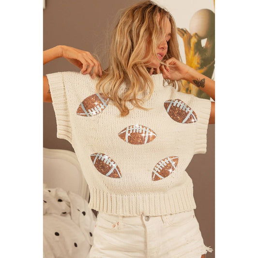 SEQUIN FOOTBALL PATCHES RIB BANDED SWEATER