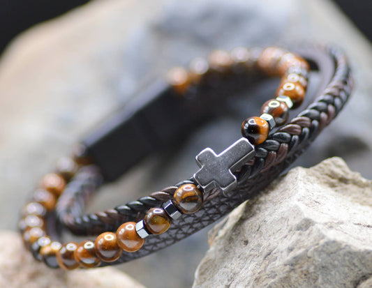 Cross Leather Brown Beaded Bracelet