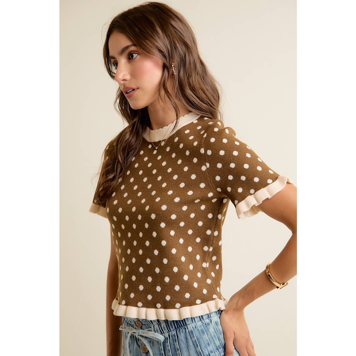 Dot Ruffled Sweater Knit Top