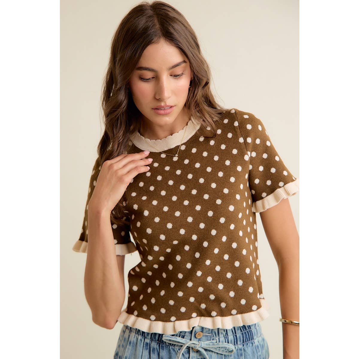 Dot Ruffled Sweater Knit Top