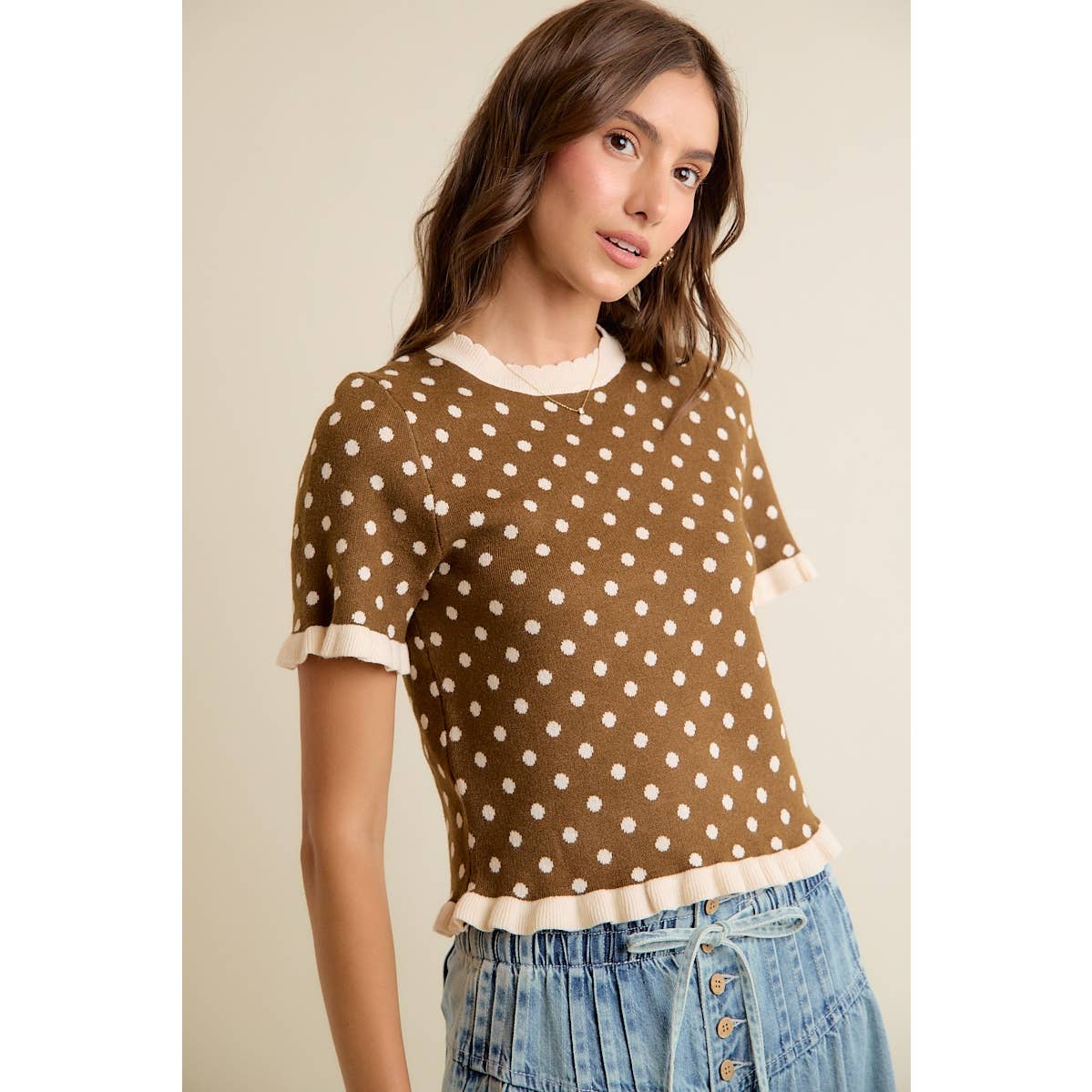 Dot Ruffled Sweater Knit Top