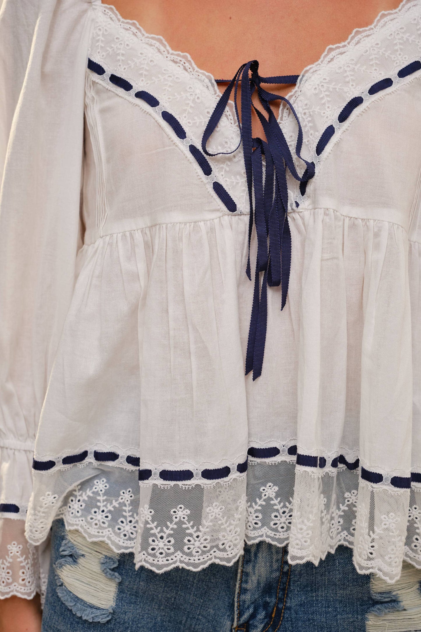 99503T - Lace Trim Peasant Blouse