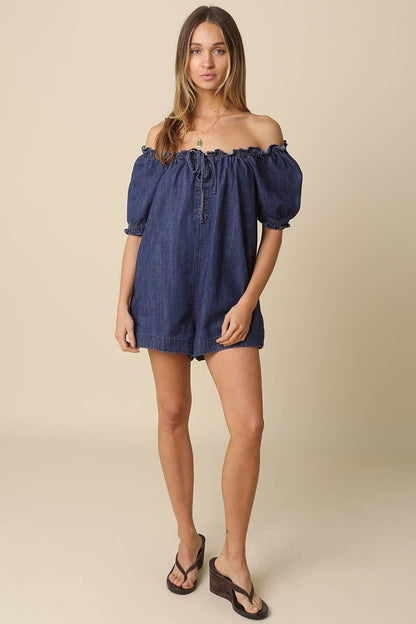 Nadia Denim Puff-Sleeve Romper