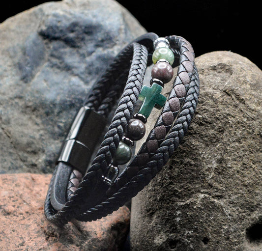 Cross Leather/Nat Stone Green Adventurine Bracelet