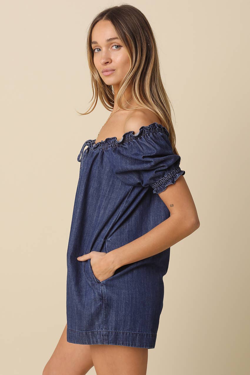 Nadia Denim Puff-Sleeve Romper