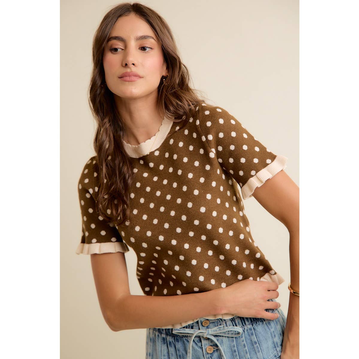 Dot Ruffled Sweater Knit Top