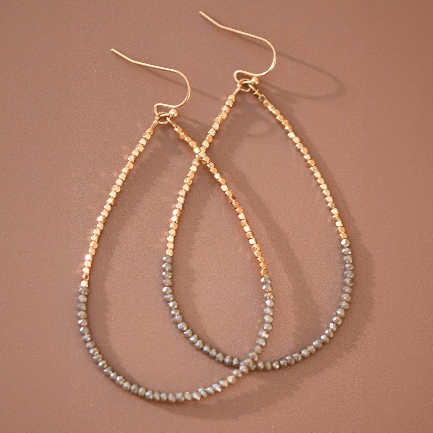 Gold Beaded Hollow Drop Earrings with Glass Beads - 6113