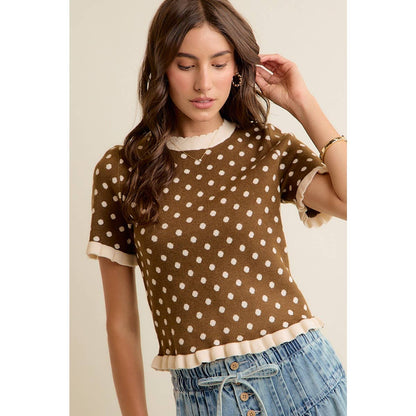 Dot Ruffled Sweater Knit Top