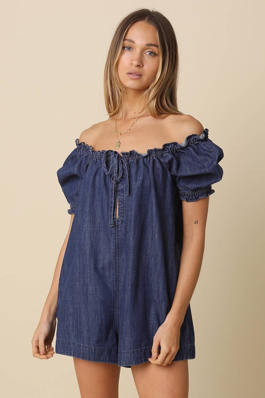 Nadia Denim Puff-Sleeve Romper