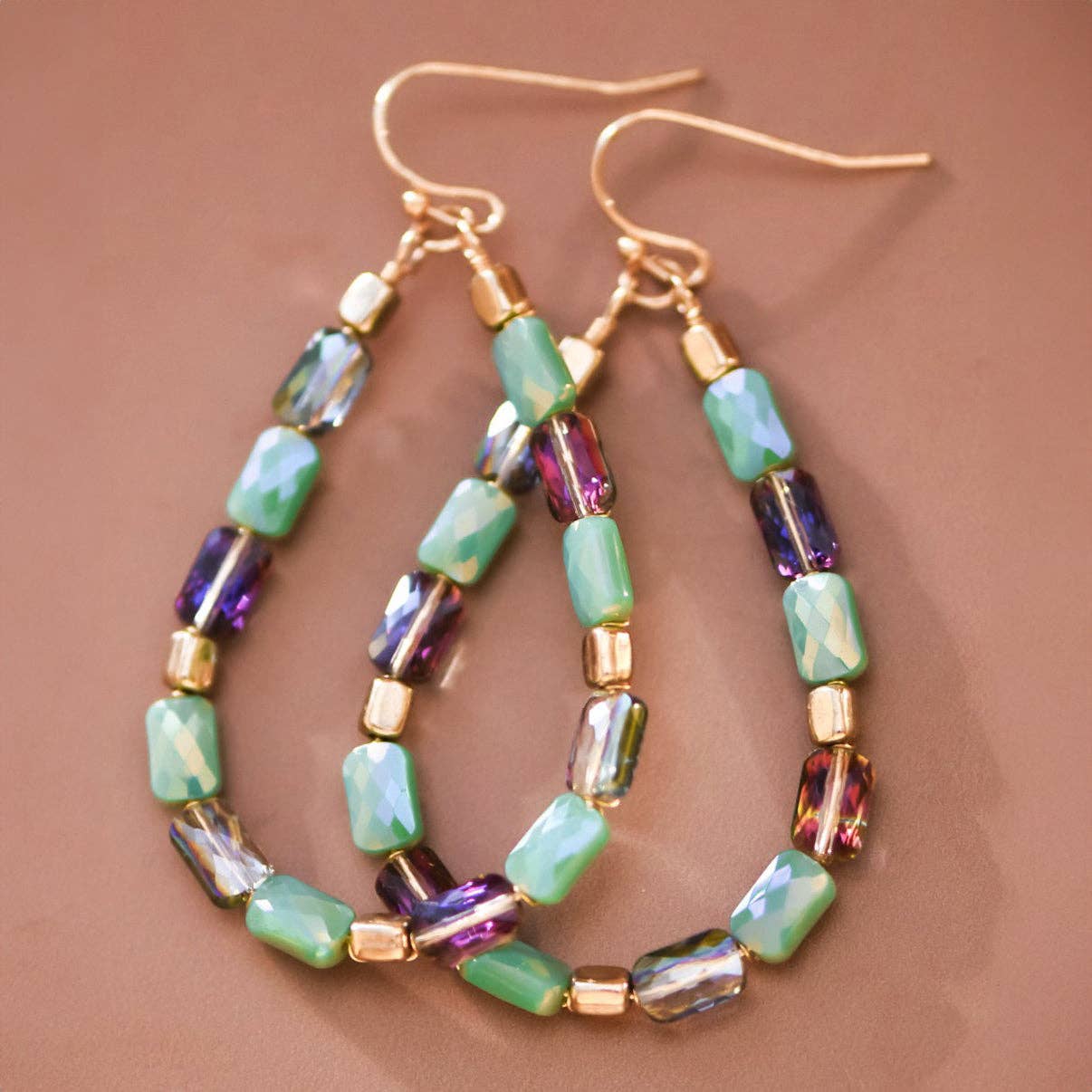 Teardrop Wire Beaded Glass Crystal Earrings