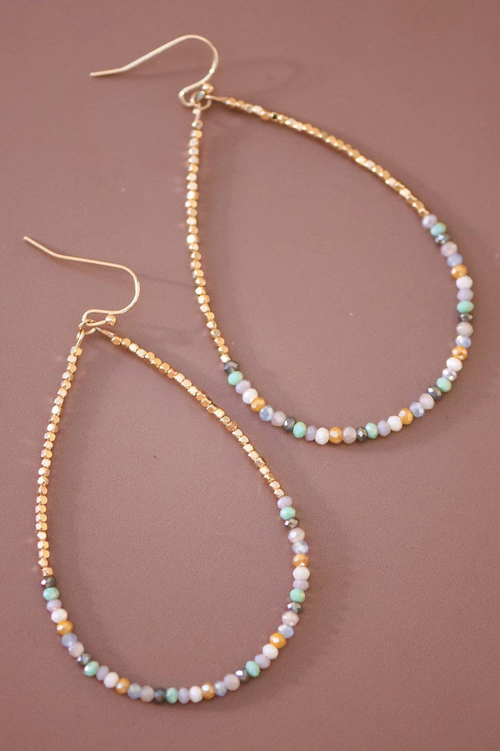 Gold Beaded Hollow Drop Earrings with Glass Beads
