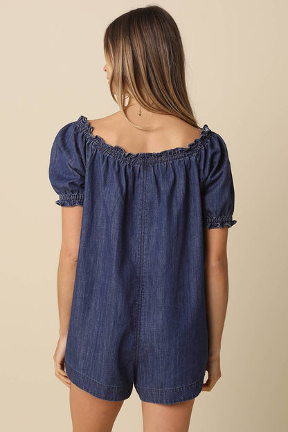 Nadia Denim Puff-Sleeve Romper