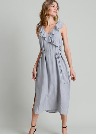 Sweet As The Carolines - Sweet As The Carolines Dress - Doe & Rae - Doe and Rae - Midi Dress - Dress - Spring Dress - Light Gray Dress - Gray Dress - Ruffle Dress