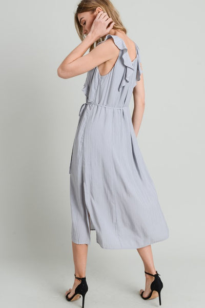 Sweet As The Carolines - Sweet As The Carolines Dress - Doe & Rae - Doe and Rae - Midi Dress - Dress - Spring Dress - Light Gray Dress - Gray Dress - Ruffle Dress