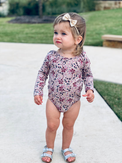 Livee Long Sleeve Leotard | Tan & Ranunculus Red