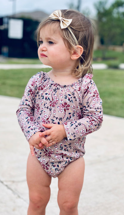 Livee Long Sleeve Leotard | Tan & Ranunculus Red
