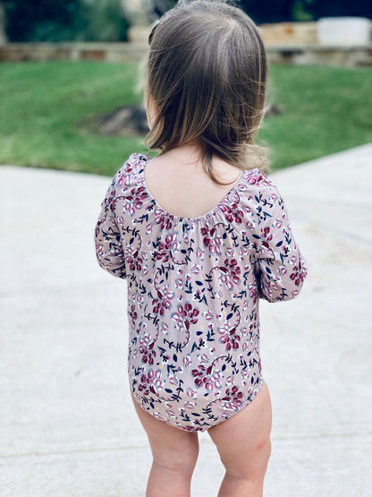Livee Long Sleeve Leotard | Tan & Ranunculus Red